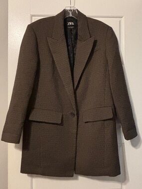 Zara Women's Brown Houndstooth Single-Button Blazer